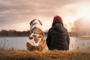 Cachorro e mulher sentados na grama