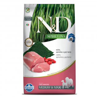 Ração Seca N&D Spirulina Suíno e Goji Berry para Cães Adultos de Raças Médias e Grandes Peixe Cereais 10