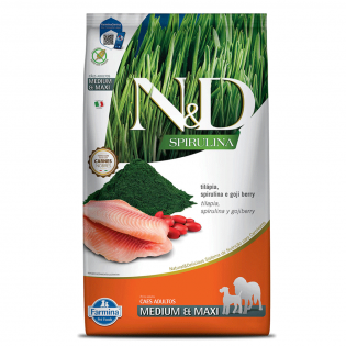 Ração Seca N&D Spirulina Tilápia e Goji Berry para Cães Adultos de Raças Médias e Grandes Peixe Cereais 10