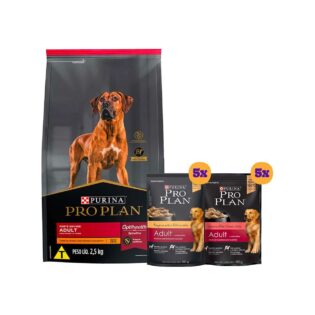 Kit Pro Plan Ração Seca Frango e Rações Úmidas com 5 Carne e 5 Frango Cães Adultos Porte Grande - 10 Sachês + 2
