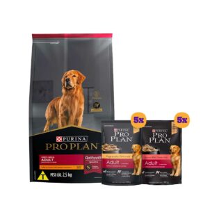 Kit Pro Plan Ração Seca Frango e Rações Úmidas com 5 Carne e 5 Frango Cães Adultos Porte Médio - 10 Sachês + 2