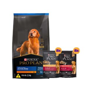 Kit Pro Plan Ração Seca Frango e Rações Úmidas com 8 Carne e 8 Frango Cães Adultos - 16 Sachês + 7