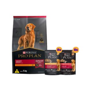 Kit Pro Plan Ração Seca Frango e Rações Úmidas com 8 Carne e 8 Frango Cães Adultos Porte Médio - 16 Sachês + 15 Kg Frango 15 kg