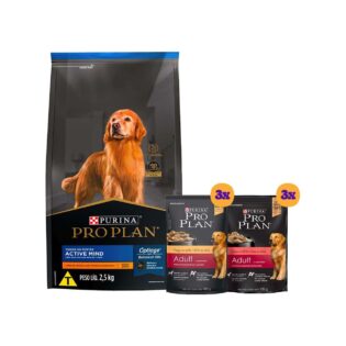 Kit Pro Plan Ração Seca Frango e Rações Úmidas com 3 Carne e 3 Frango Cães Adultos - 6 Sachês + 2