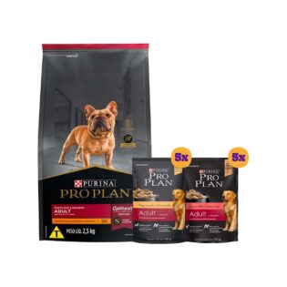 Kit Pro Plan Ração Seca Frango e Rações Úmidas com 5 Carne e 5 Frango Cães Adultos Porte Pequeno - 10 Sachês + 2